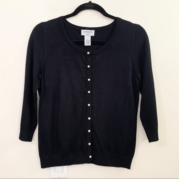 CARMEN Marc Valvo Black Pearl Button Cardigan - Picture 2 of 5